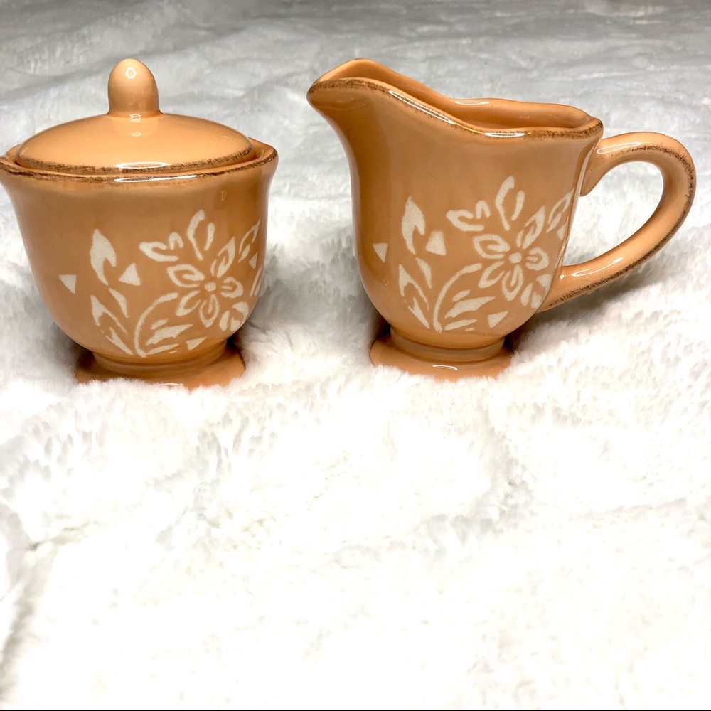 Vintage Cottagecore Bella Casa by Ganz, Creamer & Sugar Set, Peach White Flowers